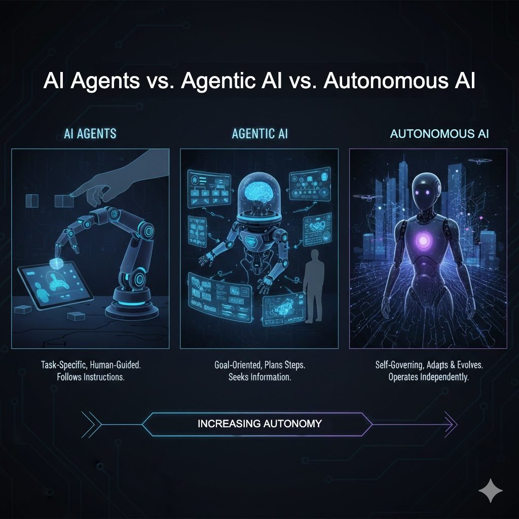 AI Agents, Agentic AI and Autonomous AI shown side by side along a scale of increasing autonomy.