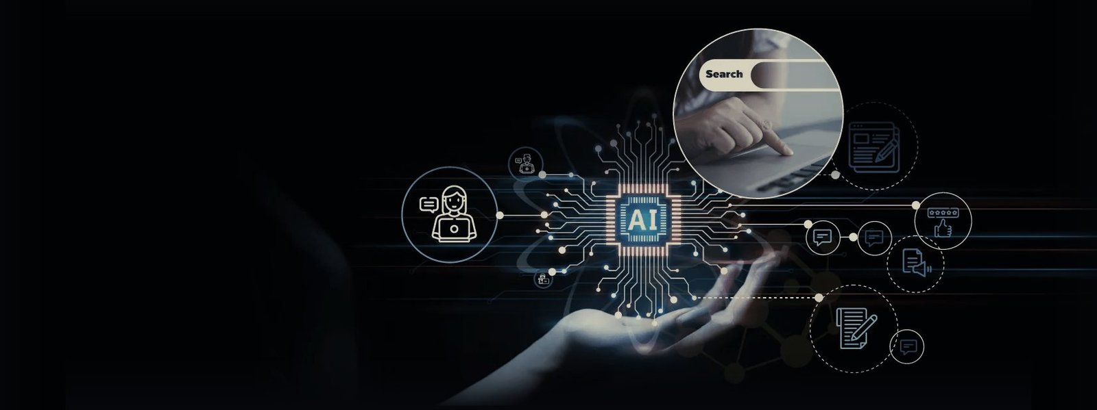 An AI core connected to chat, search, documents and review channels, held in an open hand.