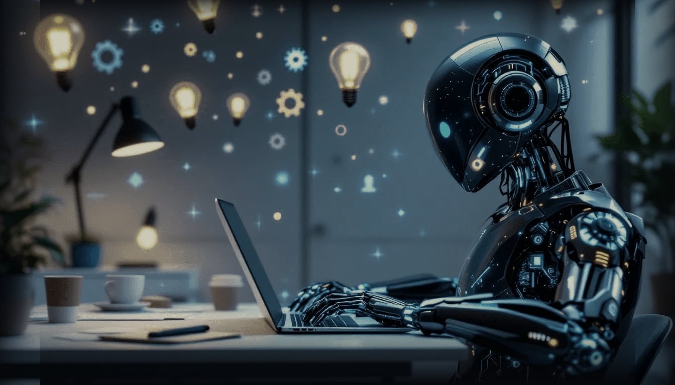 A robot writing at a laptop surrounded by ideas, in a calm studio.