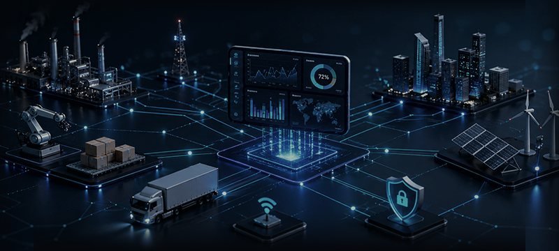Connected factories, vehicles, wind turbines and buildings reporting into one live dashboard.