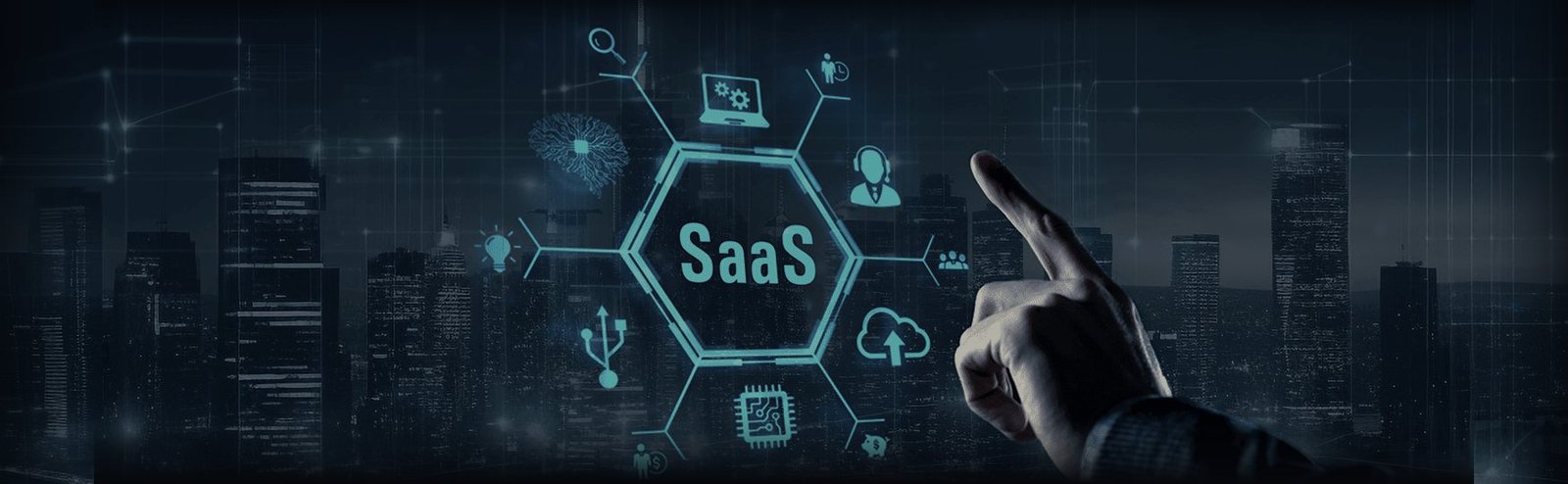 A SaaS platform diagram over a city skyline, linking cloud, data, support and automation.