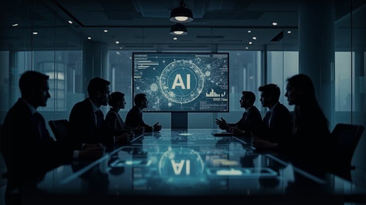 An executive team in a boardroom working through an AI strategy on screen.